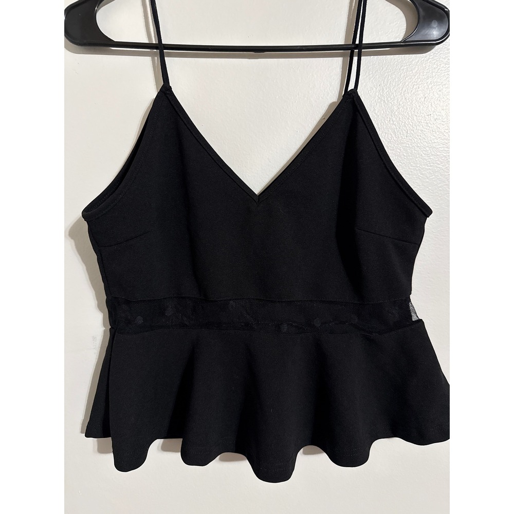 Shein Black Peplum Camisole Top Mesh Polka Dot Waist V-Neck Spaghetti Strap Med